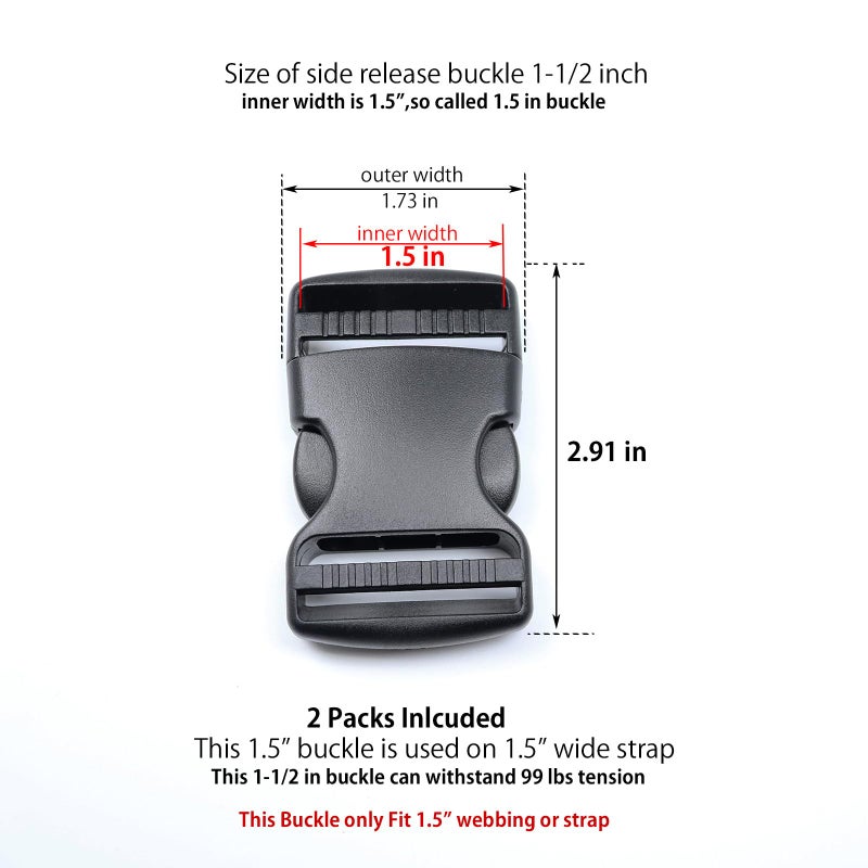 Baitoo Side Release Buckles 1 1/2 Inch Heavy Duty Dual Adjustable Plastic Buckle Snaps Clips 1.5 Inch Backpack Belt Buckle Replacement 2 Packs - Image 2